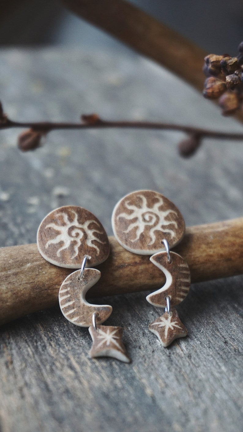 Handmade Earrings made of Reindeer Antler & Sterling Silver with Engraved Sun, Moon & Star.