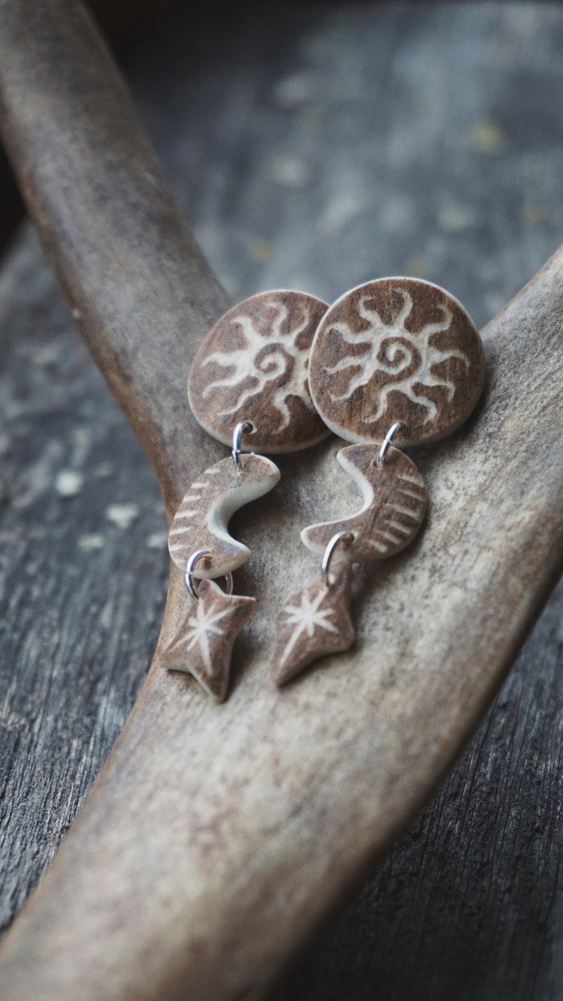 Handmade Earrings made of Reindeer Antler & Sterling Silver with Engraved Sun, Moon & Star.