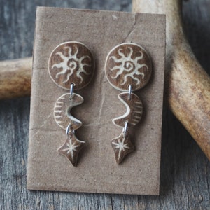 Handmade Earrings made of Reindeer Antler & Sterling Silver with Engraved Sun, Moon & Star.