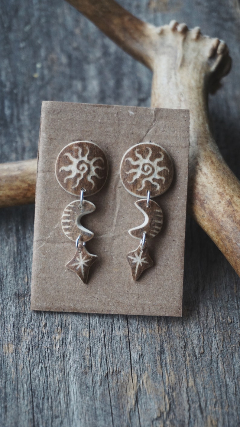 Handmade Earrings made of Reindeer Antler & Sterling Silver with Engraved Sun, Moon & Star.