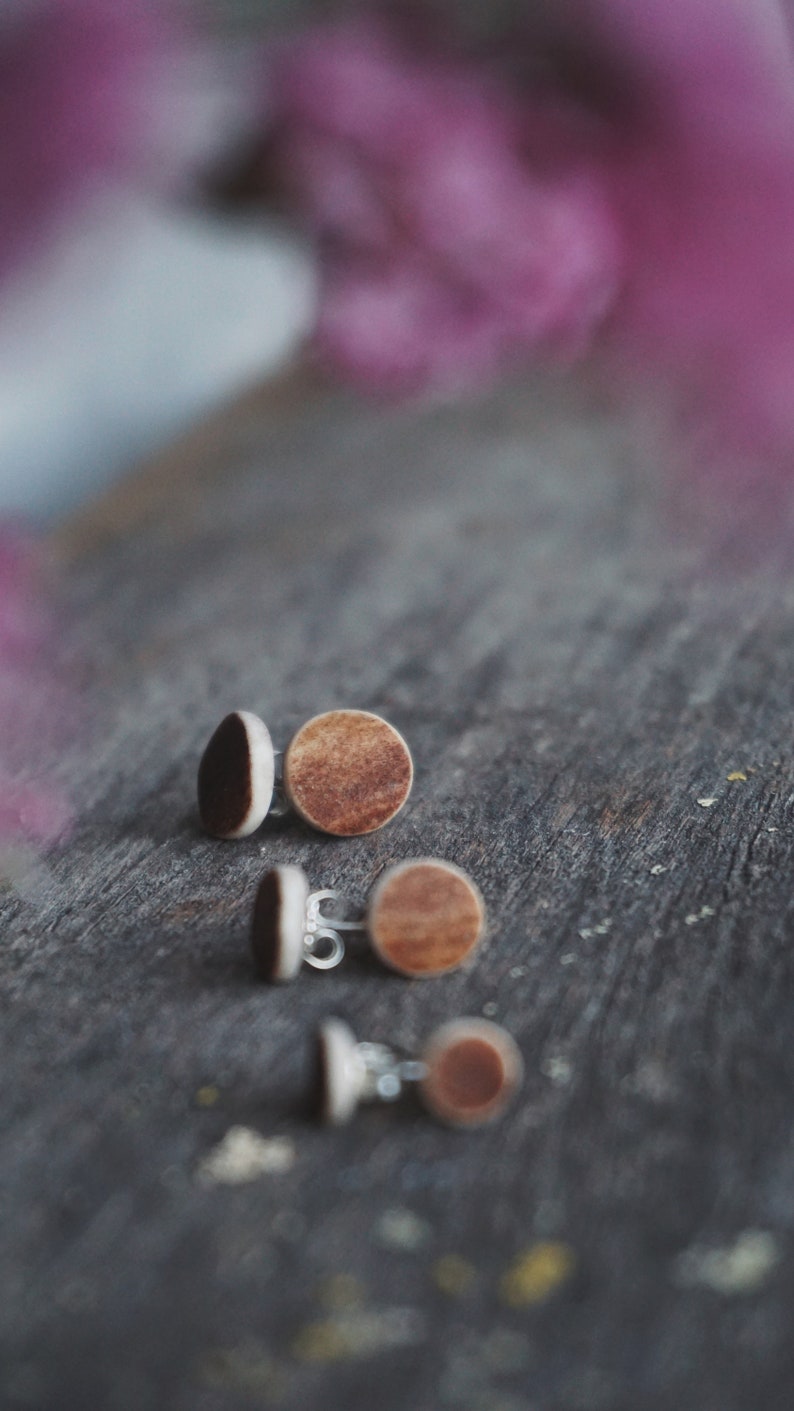 Small Handmade Stud Earrings made of Reindeer Antler & Sterling Silver.