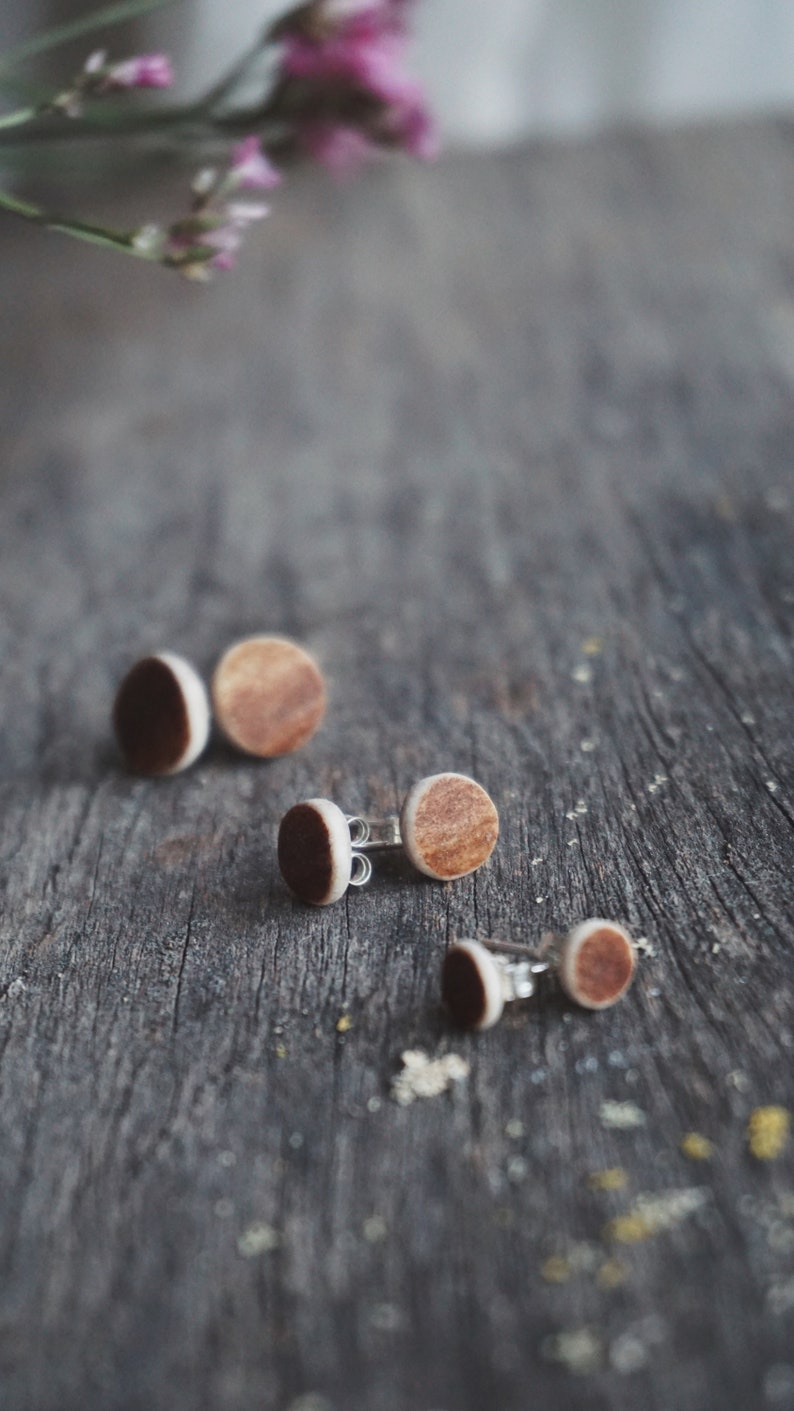 Small Handmade Stud Earrings made of Reindeer Antler & Sterling Silver.