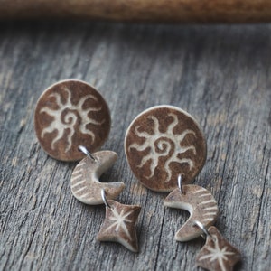 Handmade Earrings made of Reindeer Antler & Sterling Silver with Engraved Sun, Moon & Star.