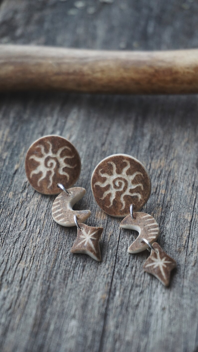 Handmade Earrings made of Reindeer Antler & Sterling Silver with Engraved Sun, Moon & Star.