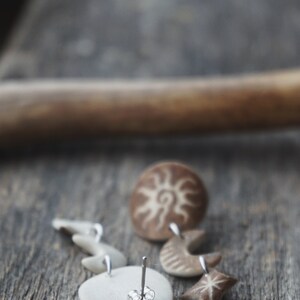 Handmade Earrings made of Reindeer Antler & Sterling Silver with Engraved Sun, Moon & Star.