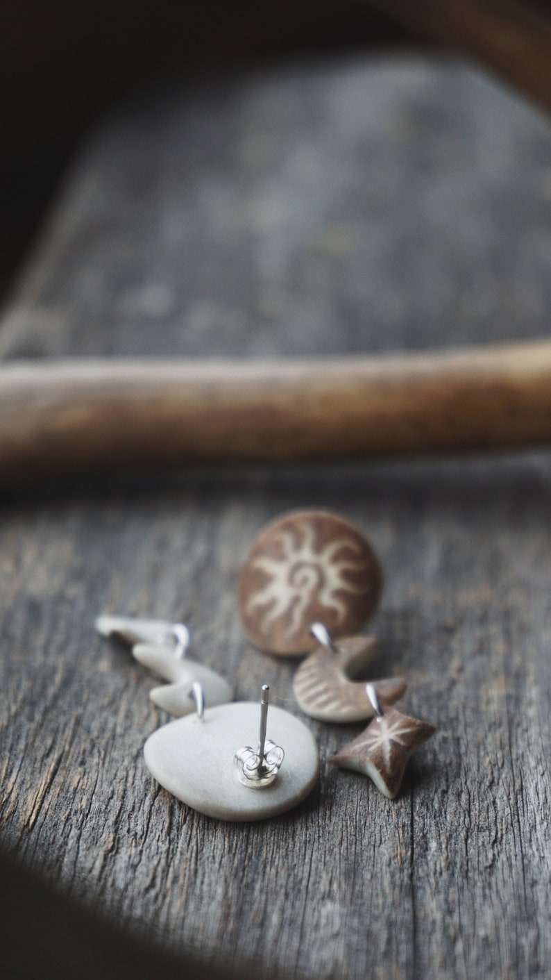 Handmade Earrings made of Reindeer Antler & Sterling Silver with Engraved Sun, Moon & Star.