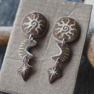 Handmade Earrings made of Reindeer Antler & Sterling Silver with Engraved Sun, Moon & Star.