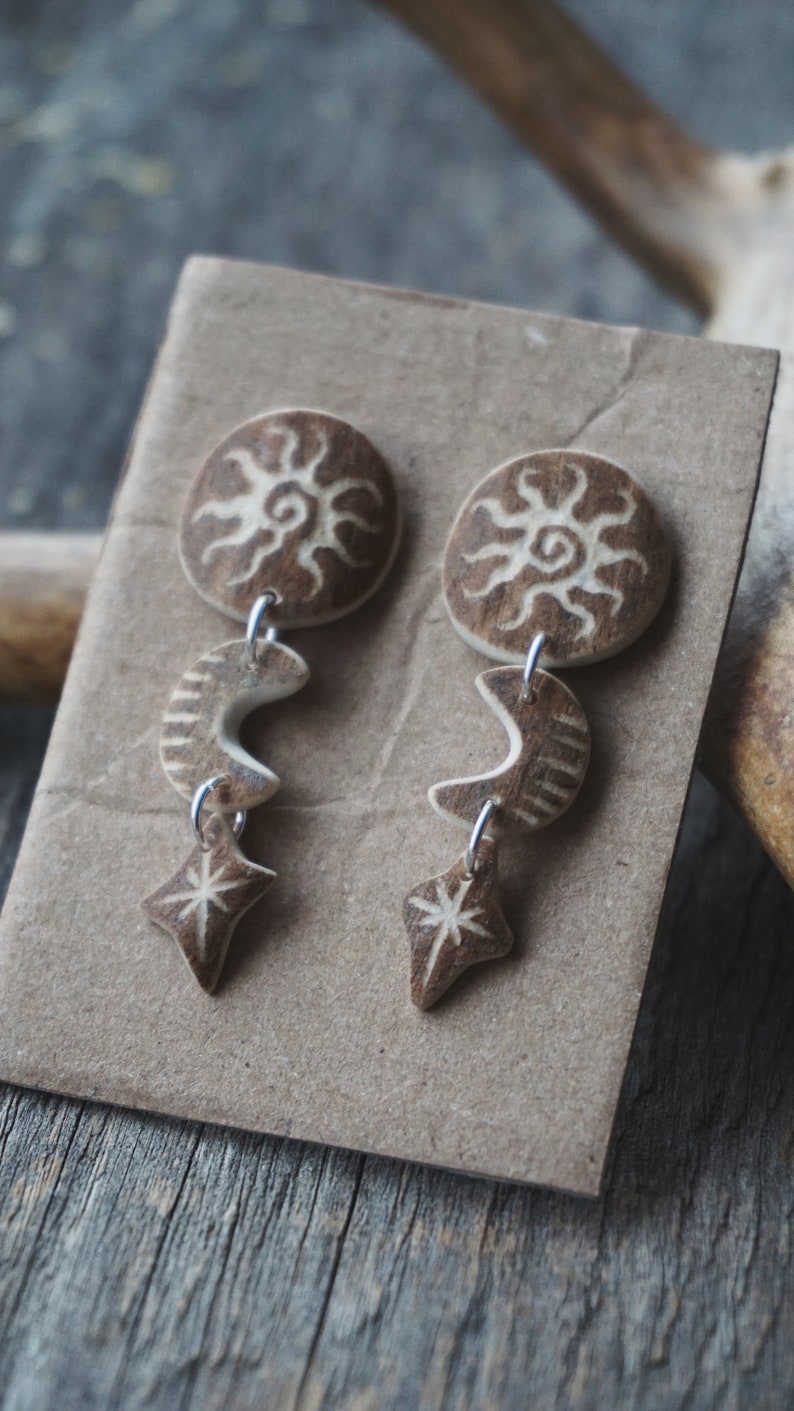 Handmade Earrings made of Reindeer Antler & Sterling Silver with Engraved Sun, Moon & Star.