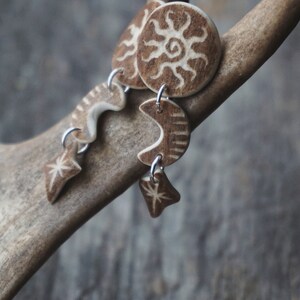 Handmade Earrings made of Reindeer Antler & Sterling Silver with Engraved Sun, Moon & Star.