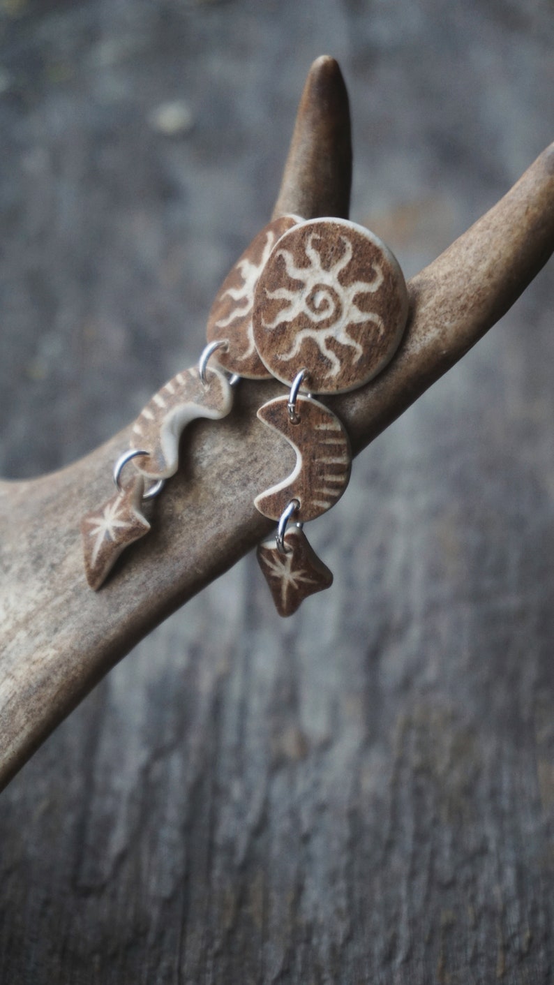 Handmade Earrings made of Reindeer Antler & Sterling Silver with Engraved Sun, Moon & Star.