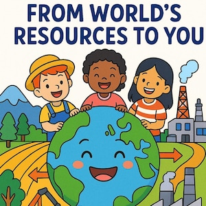 May include: A colorful illustration with the text "FROM WORLD'S RESOURCES TO YOU." Three smiling children surround a smiling Earth. The image includes an excavator, factories, and food items. The bottom of the image has the text "This book belongs to _."