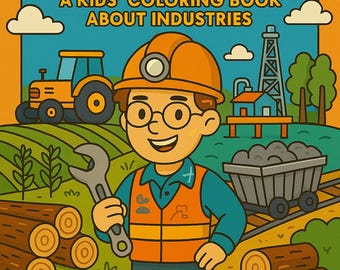 May include: A colorful children's coloring book cover with the text "WHERE EVERYTHING STARTS" and "A KIDS' COLORING BOOK ABOUT INDUSTRIES." The illustration features a smiling worker, a tractor, and other industry-related images. The bottom has a space for the owner's name.