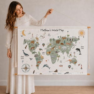 Personalized Kids Animal World Map Wall Hanging, Cotton Tapestry, Animal World Map, Kids Room Decor, Educational Poster, Kids Wall Art