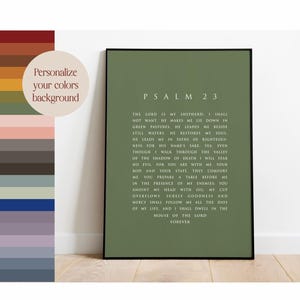 Könnte beinhalten: Gerahmter Druck mit dem Text von Psalm 23 in Weiß auf grünem Hintergrund. Der Rahmen ist schwarz. Das Bild enthält eine Farbpalette zur Hintergrundanpassung.