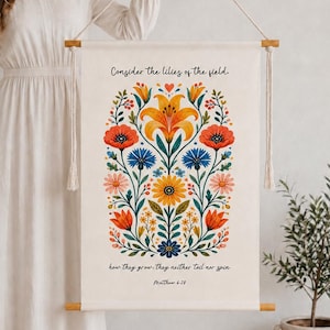 Consider the Lilies Wall Hanging, Matthew 6:28, Handmade Cotton Tapestry, Large Christian Wall Art, Vintage Botanical Floral Scripture