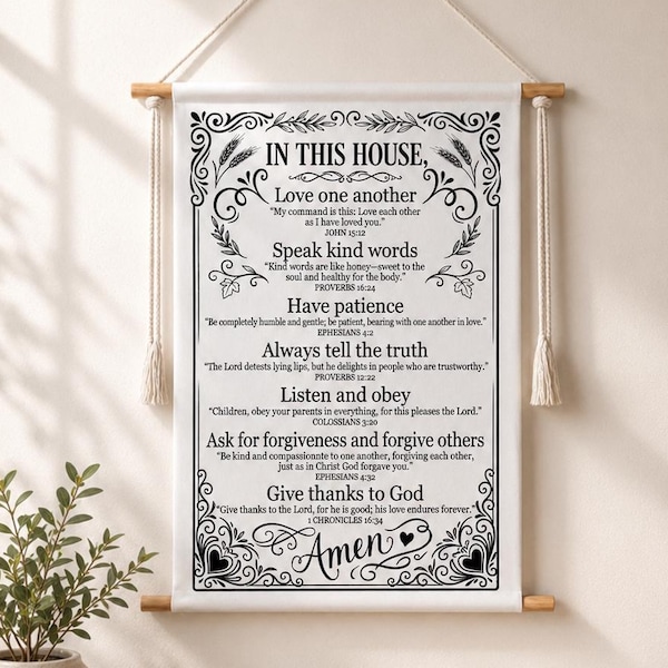 Christian Family Rules Bible Verses, Christian Home Decor Vintage Wall Art, , Christian Houswarm Gift, Farmhouse Cotton Wall Hanging Tapestry