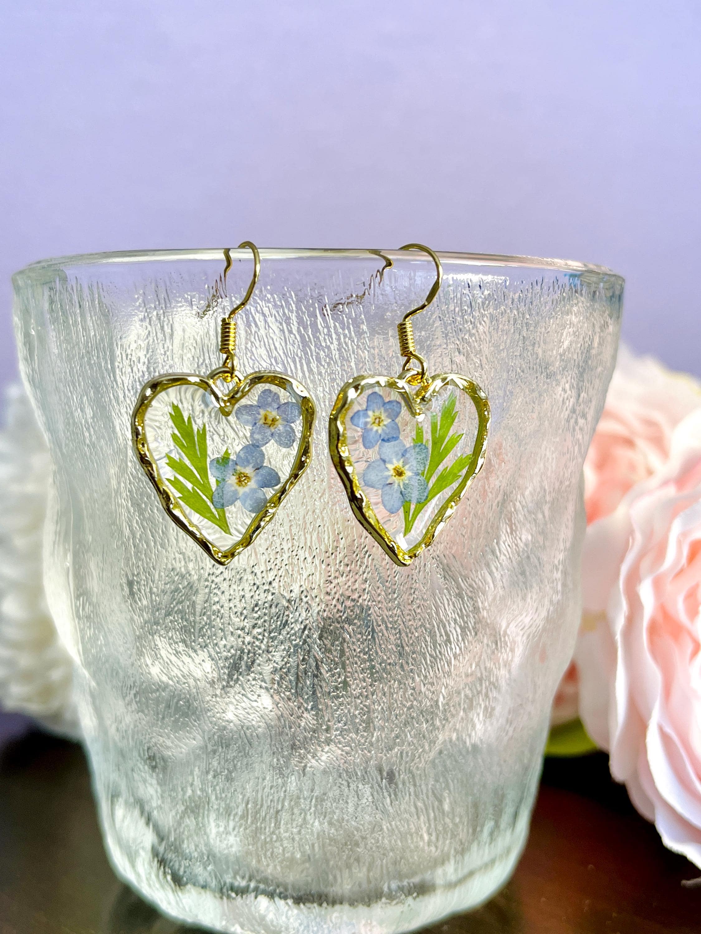 Handmade Pressed Dried Forget Me Not Flower Resin Earrings, Heart shape 925 Silver Hoop Dangle Drop Earring, Birthday Gift For Her