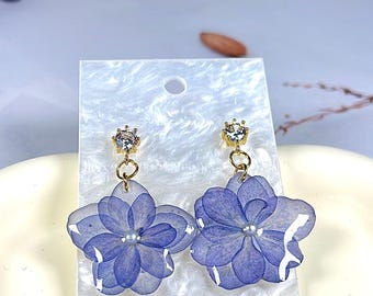 Handmade real flower stud earring, pressed blue double Hydrangea, love original design sparkling Valentine gift for her