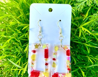 Handmade Colorful Geometric Shimmering real  flower Resin Earrings, available in round & square shape, gift for her original design