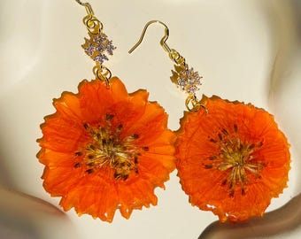 Handmade pressed orange Cosmos sulphureus (big),  real flower dangle drop earring, love original design sparkling Valentine gift for her