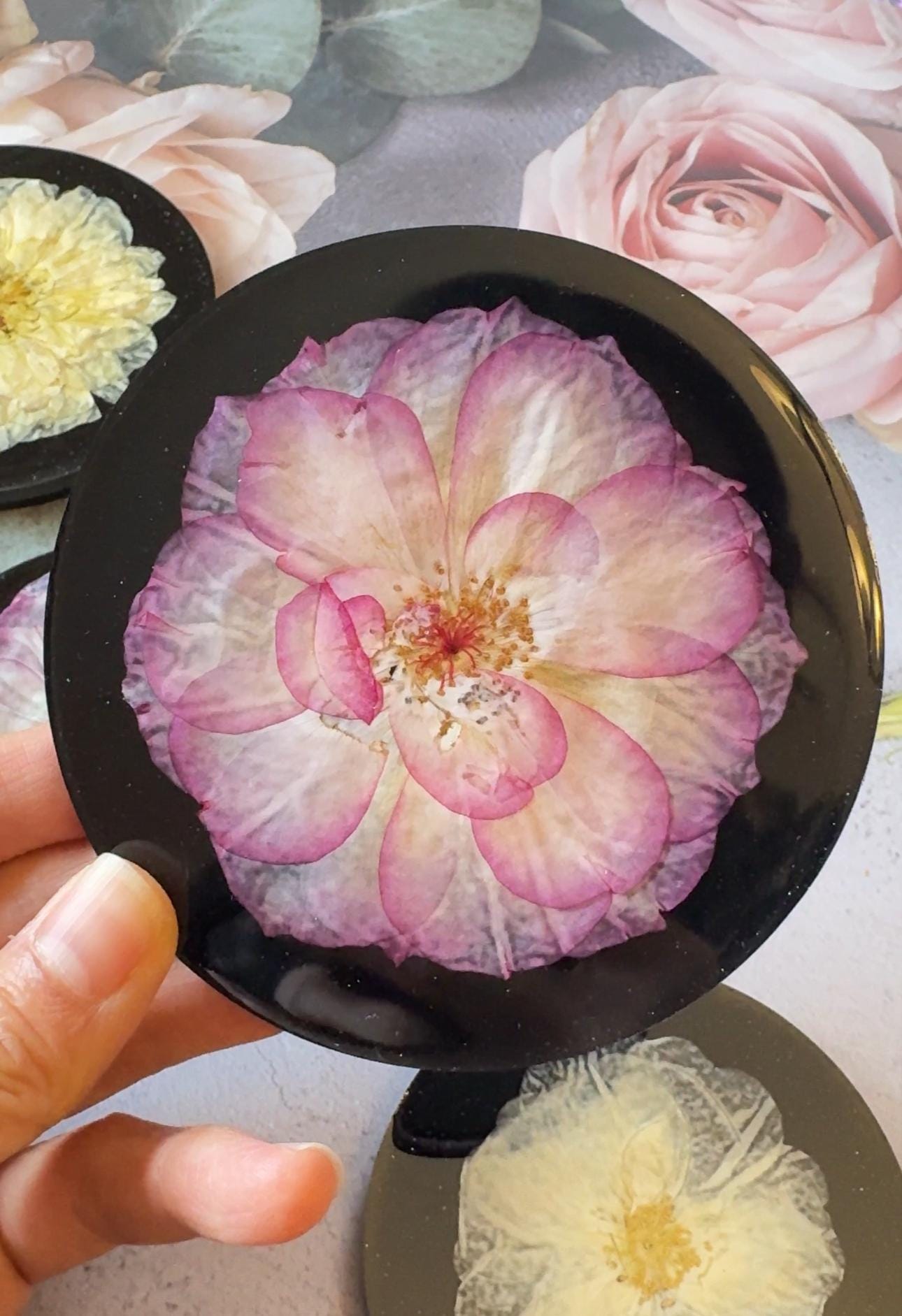 Personalized Handmade epoxy resin round floral coasters, one of a kind real pressed rose flowers, original design, gift for her, wedding