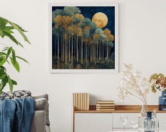 Vintage William Morris Forest Wandkunst, Natur inspirierte Waldmalerei, Vollmond über Bäume, rustikale Wohnkultur, Cottagecore Wandbehang