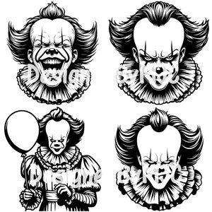 May include: Black and white illustrations of a clown with a menacing smile. The clown is depicted in four different poses, including holding a balloon, with a ruffled collar and a wide grin.