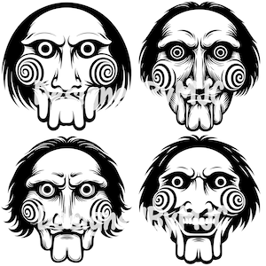May include: Black and white illustration of a creepy, masked face with a wide, toothy grin. The mask has a spiral pattern around the eyes and a long, pointed nose.