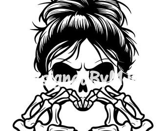 Messy Bun Girl Skull Heart Hands SVG Clipart & PNG Files, Skeleton, Mom Bun Hair, Digital Clip Art, Cut Files for Cricut and Silhouette