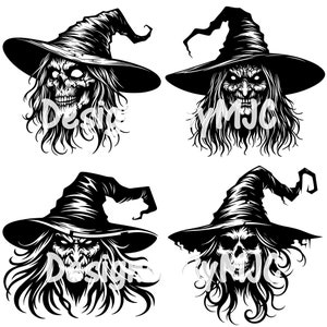 May include: Four black and white illustrations of witches with pointed hats. Each witch has a different facial expression and hairstyle.