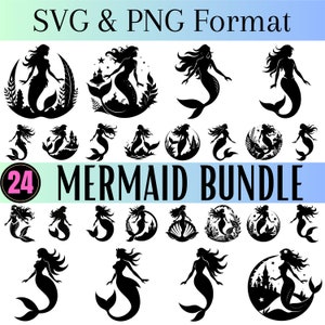 Sirène SVG Bundle Clipart, fichiers SVG et PNG, 24 graphiques uniques, clipart numérique, fichiers de coupe pour Cricut et Silhouette