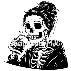 Cráneo de chica moño desordenado con imágenes prediseñadas SVG de café y archivos PNG, esqueleto, pelo de moño de mamá, clip art digital, archivos cortados para Cricut y silueta