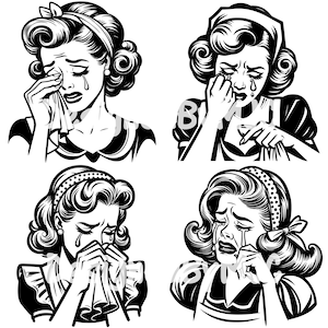 Ama de casa retro llorando SVG PNG, Mujeres vintage de moda, Atómica de la década de 1950, Mujeres retro, Mujer vintage llorando Paquete SVG, Cómic de silueta de chica triste