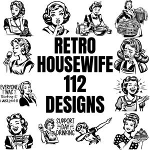 Bundle SVG femme au foyer rétro drôle sarcastique, atomique des années 1950, svg femmes rétro, femme au foyer, années 60 50, femme au foyer rétro vintage livre vin fou