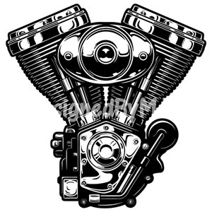 Puede incluir: Ilustración en blanco y negro de un motor de motocicleta detallado. El motor tiene un diseño en forma de V con múltiples cilindros y detalles intrincados.