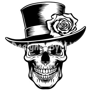 Teschio con rosa Clipart SVG e file PNG, fiori di teschio, teschio con cappello a cilindro e grafica di file in formato Svg di rose, disegno del tatuaggio con logo teschio con rose