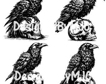 Raven Siting On Skull SVG Bundle & PNG Files, Raven Bundle svg png, Halloween Raven Svg File Graphics