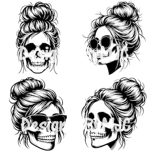 Messy Bun Girl Skull SVG Clipart & PNG Archivos, Esqueleto, Pelo de Moño de Mamá, Clip Art Digital, Gafas de Sol de Calavera de Mamá, Cráneo de Mamá