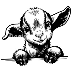 May include: A black and white illustration of a baby goat peeking over a surface. The goat has large, expressive eyes and a sweet smile.
