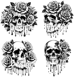 Schedel SVG-bundel en png-bestanden, druipende schedels svg, schedels met rozen bundel, schedel bloemen vector, schedel bloemen svg
