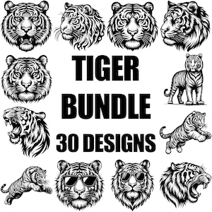 Tiger SVG-Bundle, 30 einzigartige Tiger-Designs, brüllender Tiger PNG Clipart, König der Dschungel-Schnittdateien, Cricut Silhouette-Svg-Png-Kunst