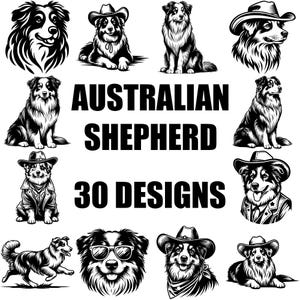 May include: A collection of 30 black and white illustrations of Australian Shepherd dogs in various poses. The text "AUSTRALIAN SHEPHERD 30 DESIGNS" is displayed in the center of the image.