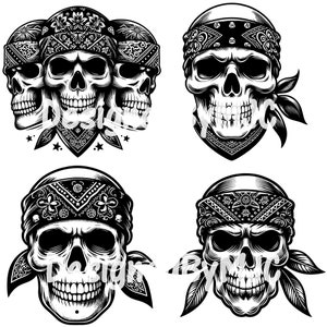 May include: Four black and white skull illustrations with bandanas. Each skull has a different bandana pattern.