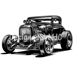 May include: Black and white illustration of a vintage hot rod car. The car has a large engine and wide tyres. The car is drawn in a classic style.