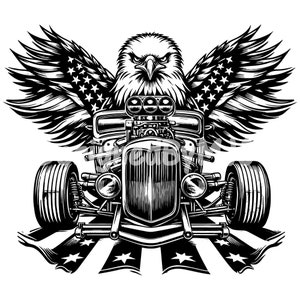 May include: Black and white illustration of a hot rod car with an eagle with American flag wings. The car is on a striped American flag background.