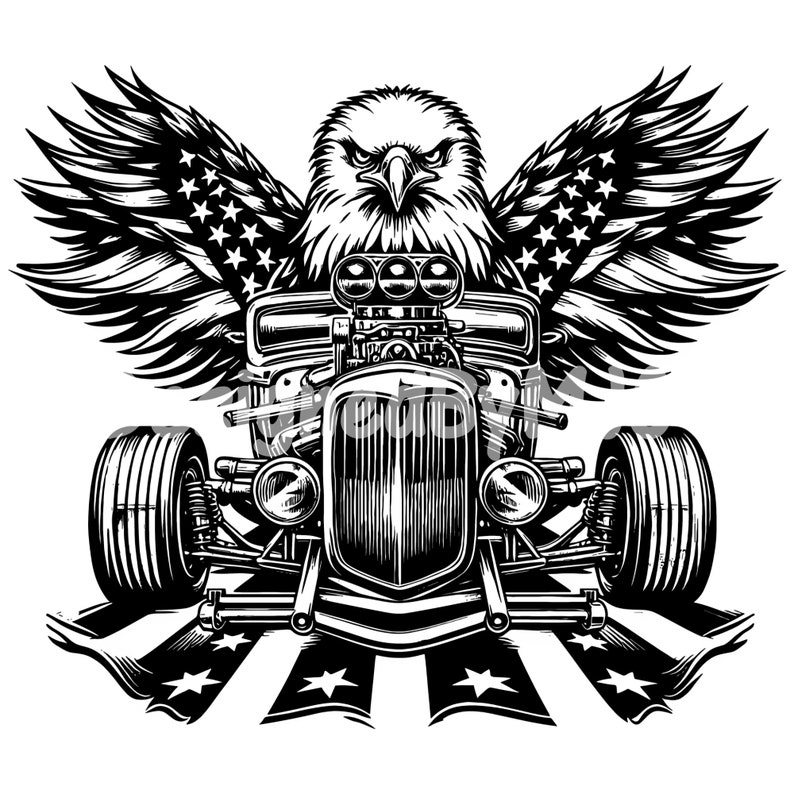 May include: Black and white illustration of a hot rod car with an eagle with American flag wings. The car is on a striped American flag background.