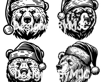 Bear Santa Hat SVG PNG Files, Bear Head Vector, Santa Hat Clipart, Christmas Bear Vector