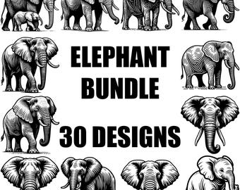 Pacchetto SVG di elefanti, disegni PNG di elefanti, clipart di elefanti per Cricut, file di taglio di mandala di elefanti, vettori di sagome di animali selvatici