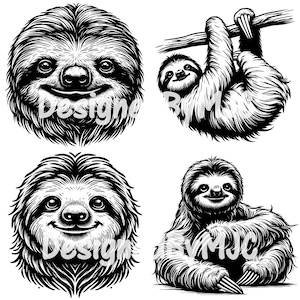 May include: Four black and white illustrations of sloths. The first sloth is looking directly at the viewer with a smile. The second sloth is hanging from a branch. The third sloth is looking directly at the viewer with a smile. The fourth sloth is sitting with its arms crossed.
