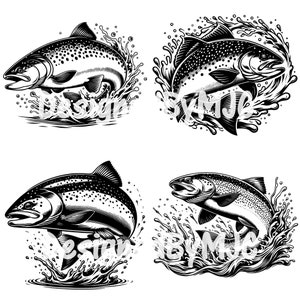 May include: Four black and white illustrations of trout jumping out of the water. Each trout is depicted with detailed scales and fins, and the water is shown as a splash of waves.